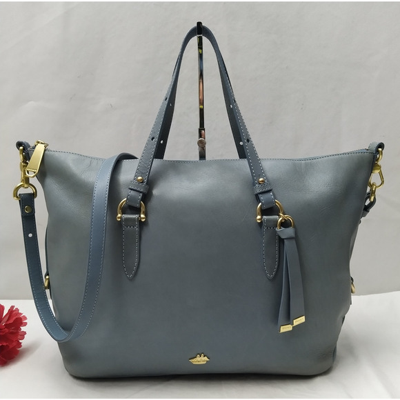 Brahmin Delaney Blue Leather Double Closure Satchel Bag - Picture 1 of 16